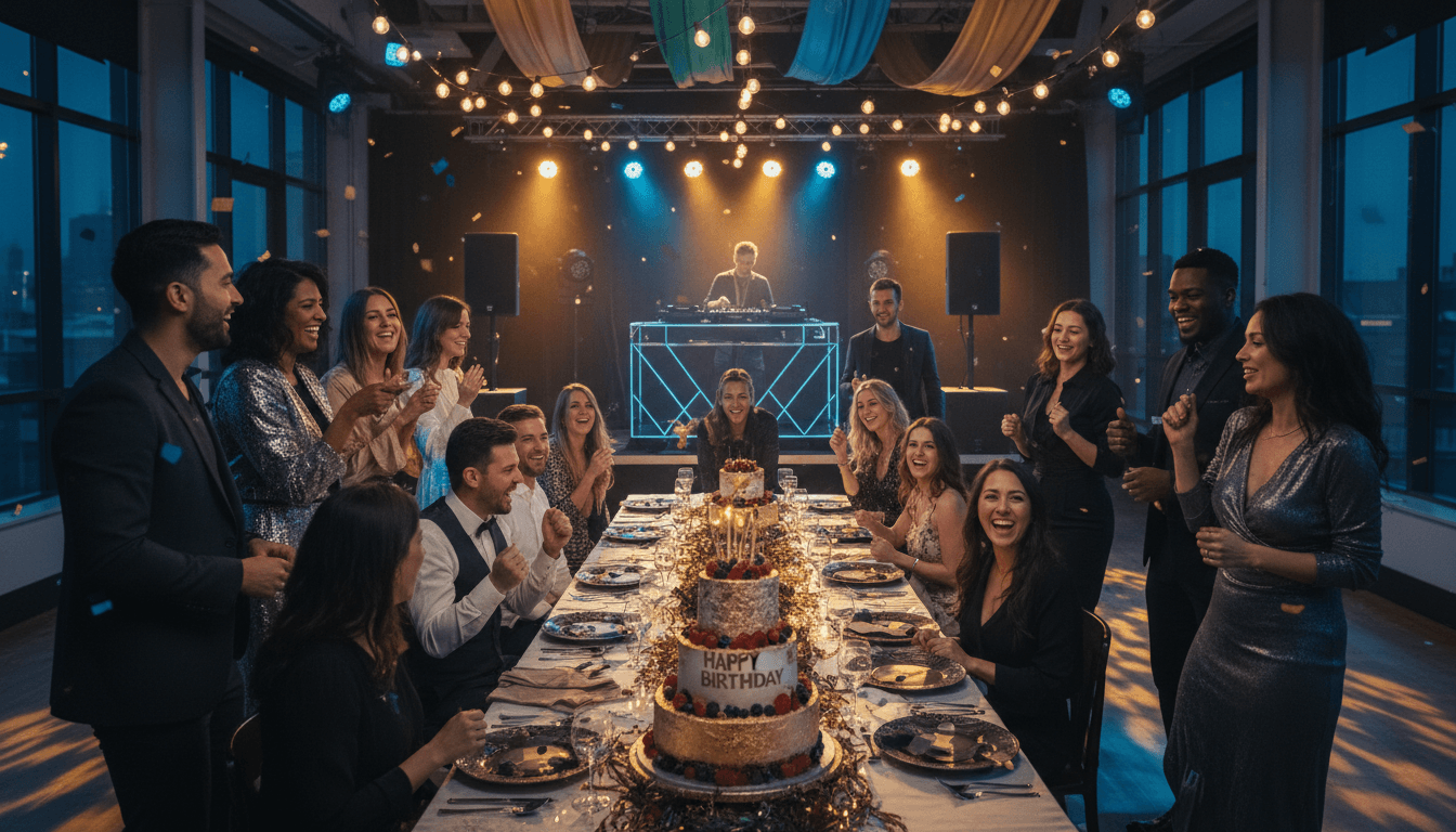 Group celebrating around a birthday cake with DJ setup and festive lighting in background