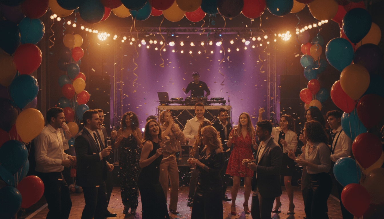 Birthday party celebration with guests dancing, colorful decorations, and DJ setup