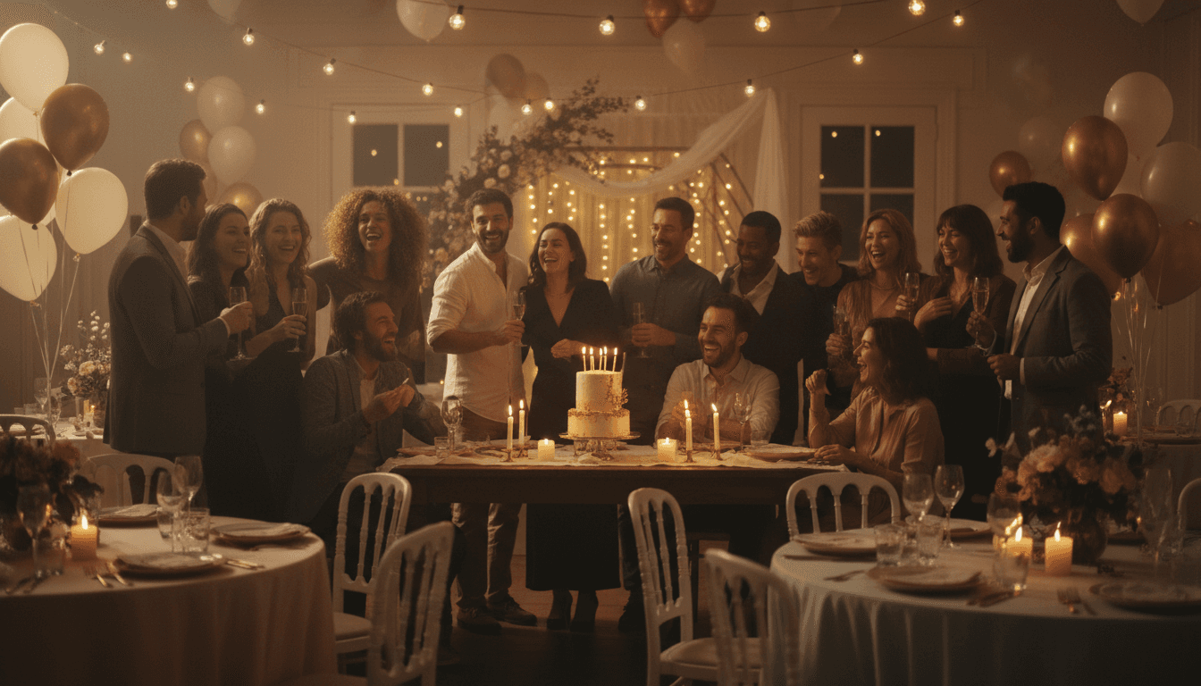 Guests celebrating and enjoying themselves at a festive birthday party with warm lighting and decorations