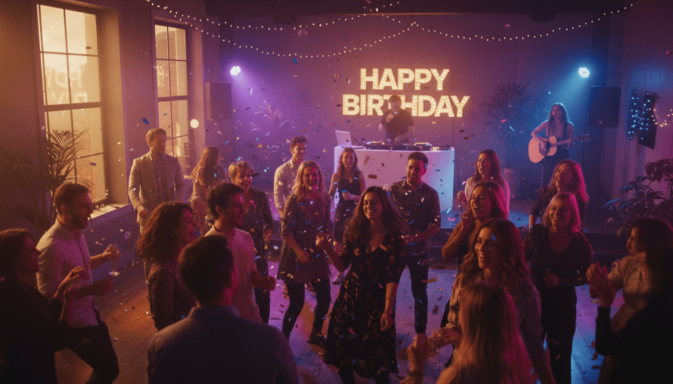 Guests celebrating at a birthday party with DJ and live music performance